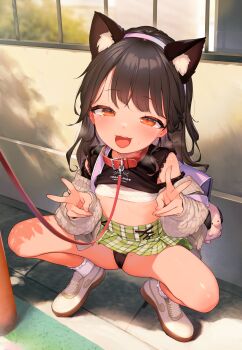 1girl animal_ears bag black_hair black_panties black_shirt blush bobby_socks bra breasts cardigan charm_(object) clothes_lift collar dog_ears double_v fake_animal_ears full_body hairband heavy_breathing henreader highres leash loli long_hair looking_at_viewer open_cardigan open_clothes open_mouth orange_eyes original outdoors panties purple_bag red_collar school_bag shade shirt shirt_lift shoes small_breasts smile sneakers socks solo squatting sunlight sweat underwear v white_socks