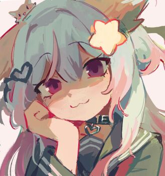 1girl :3 animal_ears annytf black_collar black_sailor_collar black_serafuku closed_mouth collar commentary fox_ears fox_girl hair_between_eyes hair_ornament heart heart_hair_ornament heterochromia indie_virtual_youtuber long_hair looking_at_viewer multicolored_hair pasharuu pink_eyes pink_hair purple_eyes sailor_collar school_uniform serafuku solo star_(symbol) star_hair_ornament streaked_hair upper_body virtual_youtuber white_background white_hair