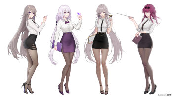 4girls alternate_costume black_necktie black_shoes black_skirt book bow bowtie breasts bug butterfly butterfly_on_hand caelus_(honkai:_star_rail) castorice_(honkai:_star_rail) cellphone chalk character_sticker clipboard closed_mouth collared_shirt commentary dual_persona full_body grey_hair grey_pantyhose hair_ribbon herta_(honkai:_star_rail) high_heels highres holding holding_book holding_chalk holding_clipboard holding_phone holding_pointer honkai:_star_rail honkai_(series) insect kafka_(honkai:_star_rail) long_hair long_sleeves looking_at_another looking_at_viewer medium_breasts multiple_girls necktie office_lady pantyhose phone pointer pointy_ears ponytail purple_bow purple_bowtie purple_butterfly purple_eyes purple_hair purple_ribbon purple_shoes purple_skirt ribbon shirt shoes short_sleeves side_slit sidelocks simple_background skirt smartphone smile sticker the_herta_(honkai:_star_rail) toes trailblazer_(honkai:_star_rail) very_long_hair white_background white_shirt yunkaiming