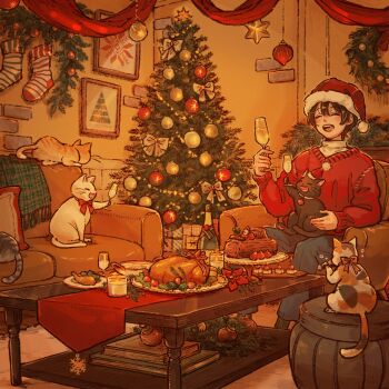 1boy ^_^ animal animal_on_lap black_cat blue_pants book bow calico_(pattern) calico_cat candle cat cat_on_lap champagne_bottle champagne_flute chicken_(food) christmas christmas_ornaments christmas_stocking christmas_tree christmas_wreath closed_eyes commentary commentary_request couch cup drinking_glass english_commentary food happy hat highres holding holding_cup indoors long_sleeves male_focus mixed-language_commentary on_couch on_lap open_mouth original pants party picture_frame pile_of_books port_(portzzz) red_sweater santa_hat sitting slice_of_life smile star_(symbol) sweater table tablecloth v-neck warm_colored wreath