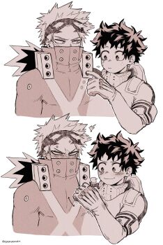 2boys absurdres bakugou_katsuki blush boku_no_hero_academia closed_mouth cropped_torso dekudash embarrassed freckles highres male_focus midoriya_izuku monochrome multiple_boys multiple_views scar scar_on_face sexually_suggestive short_hair simple_background smile spiked_hair superhero_costume twitter_username upper_body white_background yaoi