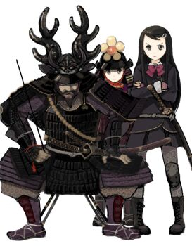 1boy 1girl 2girls armor bad_drawr_id bad_id black_hair boots bow bowtie brown_eyes closed_mouth crossed_arms dou facial_hair flower_as_hat frown full_body hair_ornament hairclip hat helmet honda_tadakatsu_(real_life) jacket japanese_armor kabuto_(helmet) katana kokudou_juunigou kote kusazuri long_hair looking_at_viewer multiple_girls oekaki pantyhose samurai school_uniform sheath sheathed shoulder_armor simple_background skirt sode standing sword tachi_(weapon) v-shaped_eyebrows weapon white_background