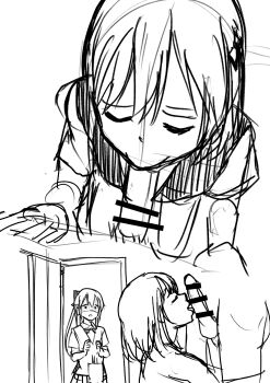 1boy 2girls absurdres bad_id bad_twitter_id bar_censor censored closed_eyes dropping erection fellatio greyscale hair_ribbon highres licking licking_penis long_hair love_live! love_live!_nijigasaki_high_school_idol_club medium_hair mifune_shioriko monochrome multiple_girls neck_ribbon nijigasaki_school_uniform oral osaka_shizuku paper penis ribbon school_uniform shaded_face shirt sketch skirt summer_uniform tata_(tataice) testicles vest walk-in