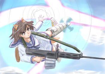 1girl animal_ears brown_eyes brown_hair commentary_request dog_ears energy_beam flying gun keyboardnoob machine_gun magazine_(weapon) magic_circle medium_hair military_uniform miyafuji_yoshika motion_blur sailor sailor_collar solo strike_witches striker_unit tail weapon world_witches_series