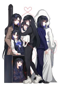 6+girls araya_(project_moon) black_eyes black_hair black_pants black_shoes blue_bow blue_pants bow brown_coat child coat commentary_request dihui_star dress heart highres korean_commentary layer_(layer_illust) limbus_company long_sleeves looking_at_another multicolored_hair multiple_girls pants project_moon red_eyes ryoshu_(project_moon) safe_(container) shoes sidelocks smile spoilers streaked_hair string string_of_fate time_paradox white_dress white_shoes