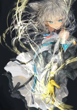 1girl absurdres arknights arknights:_endfield bare_shoulders black_gloves blue_eyes brown_hair commentary english_commentary gloves highres ichika_(ichika87) long_hair looking_at_viewer multicolored_gloves perlica_(arknights) solo two-tone_gloves yellow_gloves