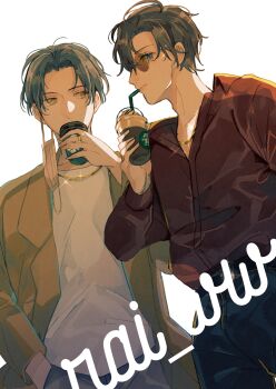 2boys ahoge alternate_costume alternate_hair_length alternate_hairstyle alternate_universe amana_raika artist_name belt black_belt black_hair black_pants brown_coat brown_hair closed_mouth coat collared_shirt contemporary couple cup disposable_coffee_cup disposable_cup drink drinking drinking_straw drinking_straw_in_mouth english_text grey_eyes grey_pants hand_in_pocket highres holding holding_cup jewelry lan_wangji long_sleeves looking_at_another looking_at_viewer male_focus mask modao_zushi mouth_mask multiple_boys necklace pants parted_bangs profile red_shirt round_eyewear shirt short_hair simple_background smile standing sunglasses unworn_mask wei_wuxian white_background white_shirt yaoi yellow_eyes