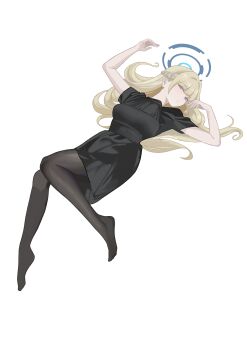 1girl absurdres black_dress black_pantyhose blonde_hair blue_archive blue_eyes blue_halo blue_streaks blush braid breasts dress feet halo highres large_breasts legs long_hair looking_at_viewer lying on_back pantyhose short_sleeves simple_background solo tnr_(horiko1525) toes toki_(blue_archive) white_background