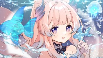 1girl :d bare_shoulders blue_eyes blunt_bangs blush commentary_request fish genshin_impact hand_up jellyfish long_hair looking_at_viewer open_mouth pink_hair portrait sangonomiya_kokomi shuu_(syuuuuuuuuuu) smile solo water