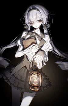 1girl black_background black_bow black_bowtie black_dress black_eyes blush bow bowtie commentary cowboy_shot dress english_commentary hair_bow hair_ornament hair_over_one_eye hairband heterochromia highres holding holding_lantern lantern long_sleeves looking_at_viewer moduku original puffy_sleeves shirt simple_background solo twintails white_eyes white_hair white_shirt
