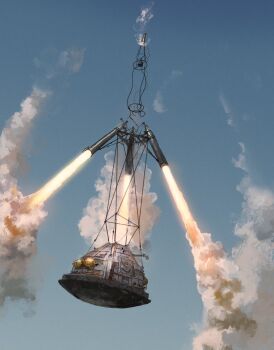 blue_sky chain exhaust_pipe highres industrial_pipe no_humans original radiator science_fiction sky smoke spacecraft steel_beam thrusters truss vehicle_focus whaleoil