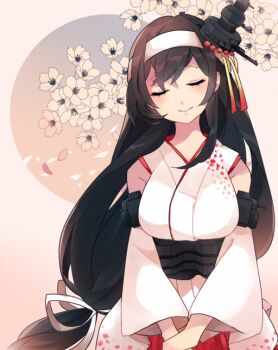 Rule 34 | 1girl, black hair, breasts, closed eyes, closed mouth, commentary request, detached sleeves, flower, fusou (kancolle), fusou kai ni (kancolle), hair ribbon, headband, headgear, japanese clothes, kantai collection, kimono, large breasts, long hair, low-tied long hair, nontraditional miko, ohagi (iihatobu05), own hands together, petal print, petals, red skirt, ribbon, skirt, solo, very long hair, white headband, white kimono, white ribbon, wide sleeves
