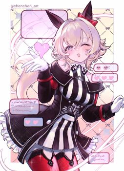 1girl animal_ears bare_shoulders blush bow breasts chenchen coat commentary curren_chan_(fille_eclair)_(umamusume) curren_chan_(umamusume) dress ear_bow ear_covers emoji english_commentary gloves grey_hair hair_between_eyes heart highres horse_ears horse_girl horse_tail long_sleeves looking_at_viewer medium_breasts off-shoulder_coat off-shoulder_dress off-shoulder_jacket off_shoulder one_eye_closed open_mouth purple_eyes red_bow red_thighhighs short_hair smile solo striped_clothes striped_dress tail thighhighs umamusume vertical-striped_clothes vertical-striped_dress white_gloves