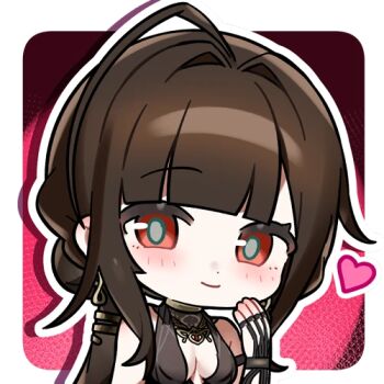 Rule 34 | +++, 1girl, artist request, blush, brown hair, chibi, chibi only, dress, dsr-50 (girls' frontline), evening gown, girls' frontline, girls' frontline 2: exilium, hair intakes, heart, loreley (girls' frontline 2), lowres, official art, outline, second-party source, smile, solo, white outline