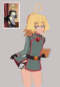 1girl ahoge belt black_gloves blonde_hair blue_eyes blush book brown_belt buttons closed_mouth cowboy_shot cross crossed_bangs gem gloves green_jacket gun hair_between_eyes half-closed_eyes handgun hands_up high_ponytail highres holding holding_book huge_ahoge iron_cross jacket jewelry kurokimoko long_hair long_sleeves looking_to_the_side military military_jacket military_uniform papers pendant ponytail red_gemstone revolver sidelocks solo standing tan tanya_degurechaff thigh_strap weapon youjo_senki