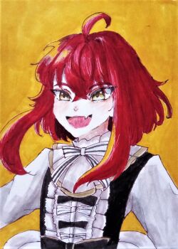 1boy artist_request black_vest fang grimms_notes hahn_(grimms_notes) male_focus medium_hair red_hair shirt skin_fang smile solo source_request tongue traditional_media vest white_shirt yellow_background yellow_eyes