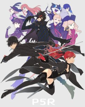 5boys 5girls ahoge akechi_gorou amamiya_ren ascot biker_clothes bikesuit black_feathers black_footwear black_hair black_jacket black_legwear black_leotard black_mask_(persona_5) black_ribbon blonde_hair blouse blue_hair blunt_bangs bodysuit braid breasts brown_hair cape choker cleavage coat coattails crown_braid dagger epee everyone fangs feathers fox_(persona_5) frilled_jacket frills glasses gloves grey_background grey_shirt hair_between_eyes hair_ribbon hat_feather high_collar high_heels high_ponytail highres holding holding_dagger holding_knife holding_sword holding_weapon horned_mask jacket joker_(persona_5) kinagi_(3307377) kitagawa_yuusuke knife latex latex_bodysuit leotard long_hair long_scarf looking_at_viewer mask matching_hair/eyes medium_breasts morgana_(persona_5) multiple_boys multiple_girls niijima_makoto noir_(persona_5) okumura_haru open_mouth oracle_(persona_5) panther_(persona_5) persona persona_5 persona_5_the_royal pink_shirt ponytail queen_(persona_5) red_ascot red_eyes red_gloves red_hair ribbon sakamoto_ryuuji sakura_futaba scarf shirt short_hair simple_background skull_(persona_5) smile surprised swept_bangs sword takamaki_anne thighhighs tongue tongue_out torn_cape torn_clothes torn_sleeves trench_coat twintails violet_(persona_5) weapon yoshizawa_kasumi