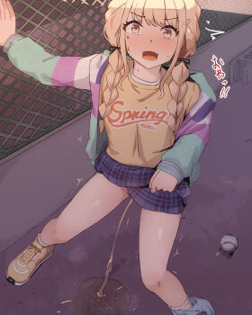 1girl blonde_hair blue_skirt blush braid clothes_lift embarrassed fujita_kotone gakuen_idolmaster highres idolmaster jacket loli long_sleeves open_clothes open_jacket open_mouth paid_reward_available panties pee peeing seneto shirt shoes skirt solo twin_braids underwear yellow_shirt