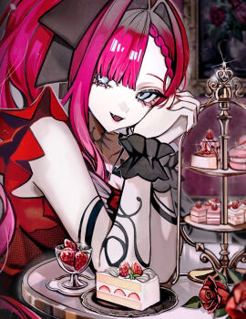 Rule 34 | 1girl, baobhan sith (exhibition attire) (fate), baobhan sith (fate), baobhan sith (swimsuit pretender) (third ascension) (fate), bare shoulders, black wrist cuffs, bow, breasts, cake, commentary request, crown, diandao qin, dress, fate/grand order, fate (series), food, grey eyes, hair bow, highres, jewelry, large breasts, long hair, looking at viewer, necklace, open mouth, pink hair, red dress, side ponytail, sidelocks, smile, solo, table, wrist cuffs