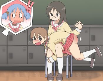 2024 3girls aioi_yuuko ass blue_hair blush brown_hair chair classroom female_focus full-face_blush glasses highres legs loli long_hair minakami_mai multiple_girls naganohara_mio nichijou on_chair raattbrain school_uniform shoes short_hair sitting skirt socks spanked spanked_butt surprised thighs twintails yuri