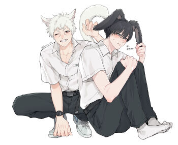 2boys absurdres animal_ears belt black_belt black_hair black_pants blush closed_mouth collarbone collared_shirt commentary_request fingernails full_body grin highres hikaru_ga_shinda_natsu indou_hikaru knees_up male_focus mole mole_on_cheek mole_on_neck mole_under_eye mole_under_mouth multiple_boys multiple_moles no_shoes nose_blush one_eye_closed oversized_belt pants partially_open_shirt paw_pose pocket red_pupils sharp_fingernails shiny_skin shirt shirt_tucked_in shoes short_hair short_sleeves simple_background sitting slit_pupils smile socks solo sono_nu squatting tail translation_request tsujinaka_yoshiki twitter_username watch white_background white_hair white_shirt white_shoes white_socks wristwatch