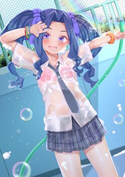 1girl :d alternate_costume arms_up blush bra cleaning_pool collarbone commentary commentary_request contemporary cowboy_shot curtained_hair day empty_pool english_commentary grey_necktie grey_skirt hair_ribbon highres holding holding_hose hose loli long_hair melty_q_melromarc miniskirt mixed-language_commentary necktie nekokyun open_mouth orange_scrunchie paid_reward_available pink_bra plaid_clothes plaid_skirt pool purple_eyes purple_hair purple_nails purple_ribbon ribbon scrunchie see-through_clothes see-through_shirt shiny_skin shirt skirt smile soap_bubbles solo spraying standing tate_no_yuusha_no_nariagari underwear variant_set water_drop wet wet_clothes wet_shirt white_shirt