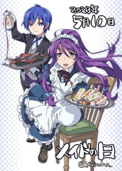Rule 34 | 2boys, ahoge, alternate costume, apron, banana, banana slice, black jacket, black pants, blue dress, blue hair, blueberry, blush stickers, butler, chair, collar, collared shirt, cross tie, crossdressing, crossdressing (mtf), cup, dated, decantering, dithered background, dress, enmaided, fang, food, fork, formal clothes, frilled apron, frills, fruit, full body, gloves, gold buttons, grey eyes, grey vest, holding, holding tray, jacket, juliet sleeves, kaito (vocaloid), kamui gakupo, kirinoha, kiwi (fruit), knife, long dress, long hair, long sidelocks, long sleeves, looking at viewer, low-tied long hair, low-tied sidelocks, maid, maid day, maid headdress, male focus, male maid, multiple boys, napkin, neck ribbon, nervous smile, on chair, on one knee, pants, petticoat, ponytail, pouring, puffy sleeves, purple hair, red ribbon, ribbon, sandwich, shirt, short hair, sidelocks, sleeve cuffs, smile, standing, strawberry, suit, sweatdrop, tea, teacup, teapot, tray, very long hair, very long sidelocks, vest, vocaloid, waistcoat, white collar, white gloves, white shirt