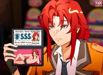 1boy ao_no_kiseki artist_logo badge blue_eyes blue_necktie bluemishelam briefs coat commentary curtained_hair eiyuu_densetsu english_commentary english_text fingerless_gloves gloves highres holding_badge logo long_hair male_focus male_underwear necktie nude parted_bangs police_badge randolph_orlando red_hair scene_reference sidelocks solo the_simpsons underwear