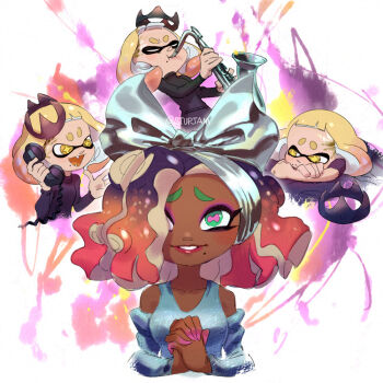 2girls commentary dark-skinned_female dark_skin english_commentary green_eyes holding holding_instrument holding_phone holding_saxophone instrument marina_(splatoon) multiple_girls music nintendo parody pearl_(splatoon) phone playing_instrument purple_nails saxophone sharp_teeth signature splash_page splatoon_(series) stup-jam teeth tentacle_hair white_background yellow_eyes