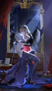 Rule 34 | 2girls, absurdres, backless dress, backless outfit, black horns, black pantyhose, blonde hair, blue eyes, brown hair, commentary request, dress, durandal (honkai impact), durandal (nibelungen traumlied) (honkai impact), earrings, highres, honkai (series), honkai impact 3rd, horns, indoors, jewelry, jiu dao fan yin, long hair, mirror, multiple girls, pantyhose, purple dress, purple eyes, rita rossweisse, rita rossweisse (miss espionage), short hair, smile, table, very long hair, wings