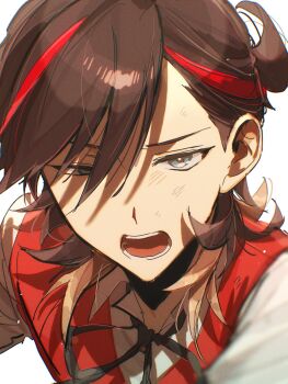 1boy alternate_costume asymmetrical_hair black_ribbon blue_eyes brown_hair furrowed_brow hair_between_eyes hashtag-only_commentary highres kokeshoku looking_at_viewer male_focus medium_hair multicolored_hair nijisanji open_mouth portrait red_vest ribbon saegusa_akina simple_background solo streaked_hair vest virtual_youtuber white_background