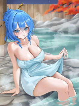1girl alternate_hairstyle arm_support blue_eyes blue_hair blurry blurry_background breasts chisel cleavage commentary drill_hair drill_sidelocks hair_ornament hair_stick highres kaku_seiga large_breasts looking_at_viewer naked_towel night nobea onsen parted_lips short_hair sidelocks sitting solo touhou towel wading