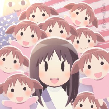 <o>_<o> :d america_ya_(meme) american_flag arms_at_sides artist_name azumanga_daiou blush bommitball brown_hair chibi chibi_only clone commentary dress english_commentary flag_background highres kasuga_ayumu medium_hair meme mihama_chiyo mihama_chiyo's_father open_mouth orange_hair outline outstretched_arms peeking_out pink_dress scene_reference shirt short_twintails signature smile solid_circle_eyes star_(symbol) strap too_many_clones twintails twitter_username white_outline white_shirt |_|