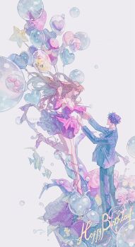 1boy 1girl breasts brown_hair chaoxibumian couple detached_sleeves dress formal_clothes full_body happy hetero highres jacket long_hair love_and_deepspace medium_breasts outstretched_arms pink_dress pink_shoes protagonist_(love_and_deepspace) purple_hair rafayel_(love_and_deepspace) shoes short_hair smile suit suit_jacket too_many_balloons