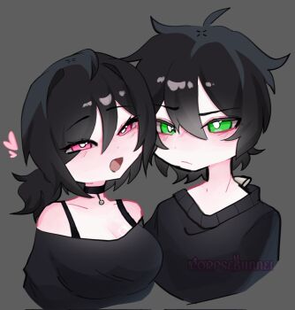 1boy 1girl :d andrew_graves artist_name ashley_graves bare_shoulders black_choker black_hair black_shirt black_sweater blush breasts bright_pupils brother_and_sister choker cleavage closed_mouth commentary corpsebunnei corrupted_twitter_file english_commentary frown green_eyes grey_background highres long_sleeves medium_breasts medium_hair messy_hair o3o off-shoulder_shirt off_shoulder open_mouth pink_eyes shirt short_hair siblings simple_background smile sweater the_coffin_of_andy_and_leyley upper_body v-neck watermark white_pupils