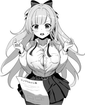 1girl argus_(a_hundred_sleepless_eye)_(azur_lane) argus_(azur_lane) azur_lane azur_lane:_slow_ahead black_pantyhose black_skirt blush bow braid breasts bursting_breasts cleavage collarbone collared_shirt greyscale hair_bow hands_up highres hori_(hori_no_su) large_breasts long_hair long_sleeves monochrome official_alternate_costume official_art open_mouth pantyhose paper pleated_skirt popped_button shirt simple_background skirt solo surprised sweatdrop wardrobe_malfunction white_background white_shirt