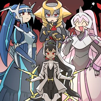 1boy 3girls arceus black_hair blue_hair cartier_(kasugai_(de-tteiu)) closed_eyes commentary cowboy_shot dialga eve_(kasugai_(de-tteiu)) fangs flying_sweatdrops gen_4_pokemon giratina grey_hair horns jewelry kasugai_(de-tteiu) legendary_pokemon maiden_(kasugai_(de-tteiu)) maria_(kasugai_(de-tteiu)) multicolored_eyes multicolored_hair multiple_girls mythical_pokemon nintendo outstretched_arms palkia personification pink_hair pokemon pokemon_dppt red_eyes star_(symbol) v v_arms white_hair