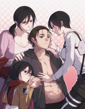 1boy 3girls abs black_pants breasts brown_hair brown_jacket car cleavage closed_mouth commentary_request cropped_jacket eren_yeager facial_scar grey_jacket hair_between_eyes hair_bun hair_over_shoulder hand_on_another&#039;s_cheek hand_on_another&#039;s_chest hand_on_another&#039;s_face hands_on_another&#039;s_shoulders harness hetero highres holding_hands hood hood_down jacket korean_commentary large_breasts light_blush long_hair looking_at_another medium_breasts medium_hair mikasa_ackerman military_jacket motor_vehicle multiple_girls muscular muscular_male open_clothes open_jacket pants pectorals pink_background pink_car ponytail rakji red_scarf scar scar_on_cheek scar_on_face scarf shingeki_no_kyojin shirt short_hair survey_corps_(emblem) three-dimensional_maneuver_gear time_paradox upper_body white_shirt