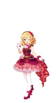 1girl blonde_hair braid dress flower full_body gloves green_eyes hairband high_heels idol_clothes idolmaster idolmaster_cinderella_girls idolmaster_cinderella_girls_starlight_stage official_art one_eye_closed open_mouth pointing pointing_up sakurai_momoka solo thighhighs transparent_background white_gloves white_thighhighs