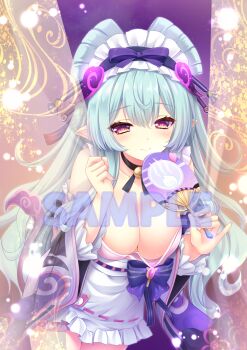 1girl apron bare_shoulders black_choker blue_hair blush breasts choker cleavage closed_mouth collarbone commentary_request detached_sleeves fingernails frilled_apron frills genshin_impact hair_between_eyes hand_fan hands_up highres holding holding_fan large_breasts long_hair looking_at_viewer moekibara_fumitake nihongami pointy_ears purple_eyes sample_watermark smile solo symbol-shaped_pupils very_long_hair watermark white_apron yumemizuki_mizuki