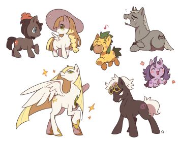 3boys 4girls ^_^ acerola_(pokemon) animal_focus animalization beanie black_hair blonde_hair blue_eyes blush_stickers closed_eyes drooling eye_contact furrowed_brow guzma_(pokemon) happy hat hau_(pokemon) horns island_kahuna jumping lillie_(pokemon) long_hair looking_at_another lusamine_(pokemon) mouth_hold multiple_boys multiple_girls musical_note my_little_pony my_little_pony:_friendship_is_magic nanu_(pokemon) nintendo no_humans pokemon pokemon_sm pony_(animal) red_headwear selene_(pokemon) simple_background single_horn sparkle ssalbulre standing sunglasses unicorn walking white_background white_hair white_headwear winged_unicorn wings yawning yellow_eyes