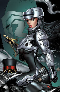 Rule 34 | 1girl, arrow (projectile), artist collaboration, assault visor, black bodysuit, black gloves, black hair, black hat, bodysuit, bow (weapon), breasts, comic cover, commentary, cosplay, crossbow, english commentary, gloves, hat, helmet, holding, holding arrow, holding crossbow, holding weapon, liesel van helsing, long hair, looking to the side, medium breasts, official art, parted lips, paul green, robocop, robocop (character), robocop (character) (cosplay), signature, smoke, solo, top hat, ula mos, unworn hat, unworn headwear, van helsing (zenescope), weapon, western comics (style)
