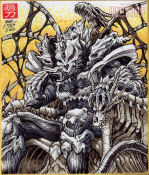 alien animal_skeleton animal_skull armor bone claws dragon fangs giant giant_monster godzilla:_final_wars godzilla_(series) hand_on_own_cheek hand_on_own_face highres horns kaiju king_ghidorah matt_frank monster monster_x no_humans red_eyes ribs sharp_teeth sitting sitting_on_throne skeletal_wings skull spikes spine spines tail teeth throne toho wings