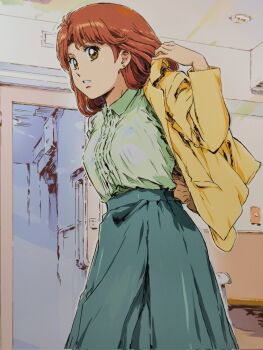1girl aqua_skirt arm_behind_back brown_eyes brown_hair collared_shirt commentary_request cowboy_shot dress_shirt earrings green_shirt hand_up highres indoors jacket jewelry kurita_yuuko long_skirt looking_at_viewer medium_hair oishinbo open_clothes open_jacket parted_lips putting_on_jacket shirt shirt_tucked_in skirt smash_k-tarou solo standing stud_earrings yellow_jacket