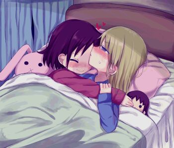 2girls bed blonde_hair blush brown_hair character_doll doll hair_down hanabi_(yuruneko0624) highres hug kill_me_baby kiss kissing_forehead long_hair multiple_girls oribe_yasuna pajamas purple_eyes short_hair sonya_(kill_me_baby) stuffed_animal stuffed_rabbit stuffed_toy yuri