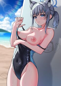 1girl absurdres animal_ear_fluff animal_ears bare_shoulders beach black_one-piece_swimsuit blue_archive blue_eyes blue_sky blurry blush breasts breasts_out bright_pupils closed_mouth clothes_pull cloud collarbone commentary_request competition_swimsuit covered_navel cowboy_shot cross cross_hair_ornament day extra_ears grey_hair hair_ornament halo highleg highres inverted_cross large_breasts lens_flare looking_at_viewer low_ponytail medium_breasts medium_hair mismatched_pupils multicolored_swimsuit nipples ocean official_alternate_costume one-piece_swimsuit one-piece_swimsuit_pull outdoors ponytail pulling_own_clothes shiroko_(blue_archive) shiroko_(swimsuit)_(blue_archive) sky solo standing swimsuit wet wet_clothes wet_swimsuit wolf_ears yuito_(yuitokobunasbs0)