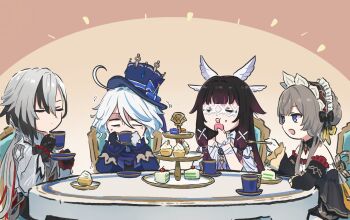 4girls arlecchino_(genshin_impact) black_hair braid brown_hair bun_with_braided_base cake cake_slice chair closed_eyes closed_mouth columbina_(genshin_impact) commentary cup eating food food_on_face furina_(genshin_impact) genshin_impact gloves grey_hair hair_between_eyes highres holding holding_cup holding_spoon long_hair multicolored_hair multiple_girls on_chair open_mouth purple_hair sandrone_(genshin_impact) short_hair sitting spoon symbol-only_commentary trembling white_gloves white_hair xinzoruo