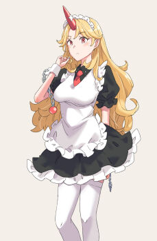 1girl apron black_dress blonde_hair chain commentary dress frilled_apron frilled_dress frilled_headwear frills hairband highres horns hoshiguma_yuugi jack_(wkm74959) long_hair maid maid_headdress necktie one-hour_drawing_challenge oni puffy_short_sleeves puffy_sleeves red_eyes red_necktie short_sleeves simple_background single_horn solo thighhighs touhou white_apron white_background white_hairband white_thighhighs