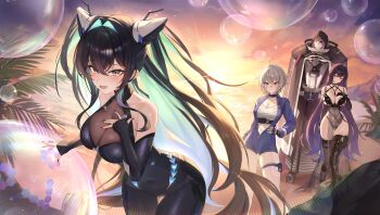 4girls absurdres aqua_hair backless_bodysuit black_bodysuit bodysuit breasts cleavage colored_inner_hair covered_navel goddess_of_victory:_nikke hair_intakes highres little_mermaid_(nikke) long_hair mihara_(bonding_chain)_(nikke) mihara_(nikke) mori_(nikke) multicolored_hair multiple_girls see-through_bodysuit see-through_cleavage see-through_clothes sibo yuni_(chimera)_(nikke) yuni_(nikke)