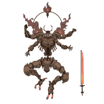 absurdres armor creature extra_arms fire full_body glowing glowing_weapon highres horns machine monte_tako original other_focus simple_background solo sword weapon white_background